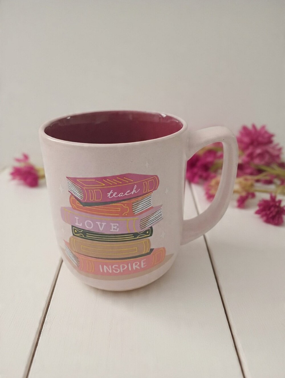 Sunday Mornings Teach Love Inspire Book Stack Pink Teacher Mug